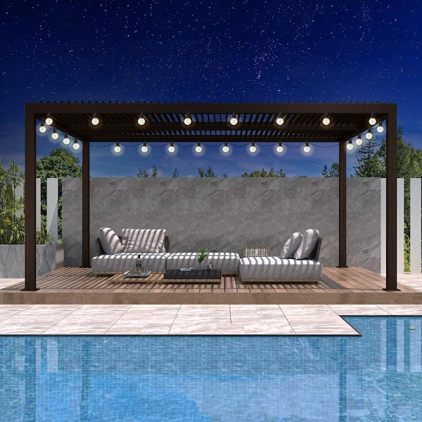 PURPLE LEAF 12 ft. x 14 ft. Bronze Aluminum Frame Outdoor Louvered Pergola with Adjustable Sunshade Roof and Solar String Lights