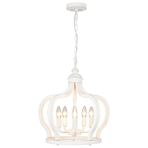 LWYTJO Crown 5-Light White Farmhouse Dimmable Lantern Chandelier Adjustable Kitchen Island Foyer Living Room