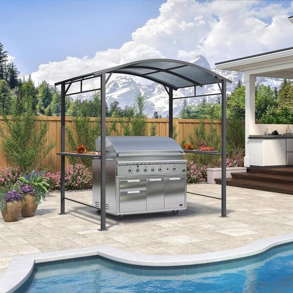 PURPLE LEAF 7.5 ft. x 5 ft. Hardtop Grill Gazebo for Patio Aluminum Barbecue Shelter Gazebo with Hooks, Shelves Double Tiered