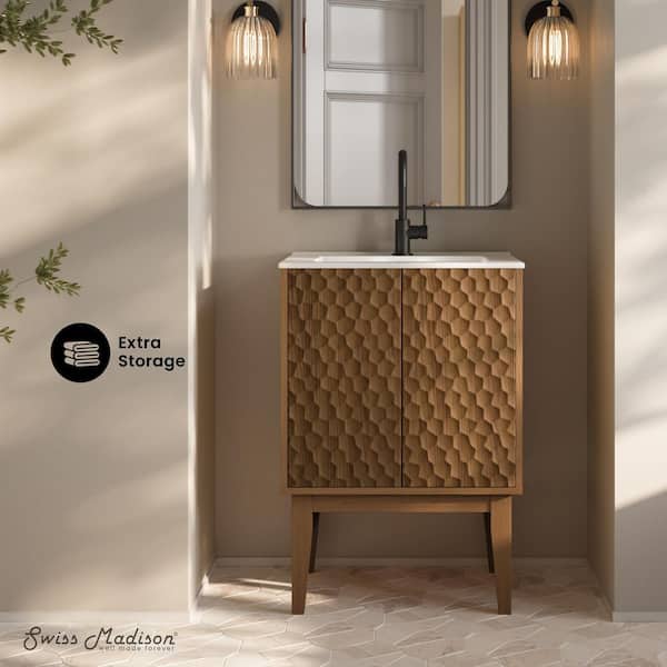 Bosse 24" Freestanding Bathroom Vanity in Brown Oak with White Ceramic Sink Top