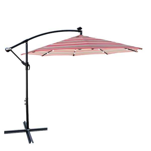 AULEDIO 10 ft. Metal Outdoor Patio Umbrella Solar Powered LED Lights with Crank and Cross Base in Red Striped
