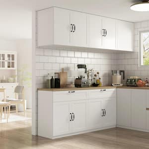 White Wooden 63 in. Width Food Pantry, Sideboard, Pantry Cabinet, with Wall Mounted Kitchen Cabinet(Two Parts)