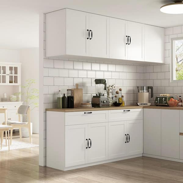 White Wooden 63 in. Width Food Pantry, Sideboard, Pantry Cabinet, with Wall Mounted Kitchen Cabinet(Two Parts)