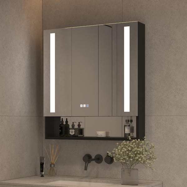 WELLFOR 30 in. W x 32 in. H Rectangular Black Aluminum Recessed/Surface Mount Medicine Cabinet with Mirror LED and Open Shelf