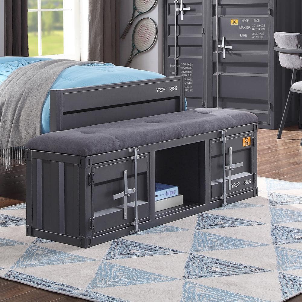 Contemporary Gray Fabric Cargo Storage Bench, 56" Gunmetal Accents