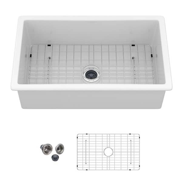 32 in. Undermount Singel Bowl 16 Gauge White Ceramic Kitchen Sink with Basket Strainer