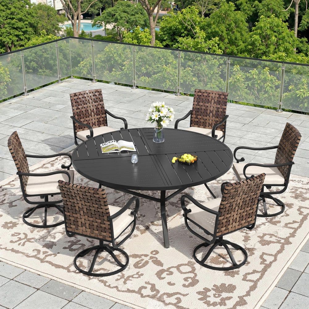 7-Piece Metal Outdoor Dining Set with 6 Swivel Wicker Chairs, Beige Cushions and 53.1 in. Black-Finish Round Table price history on PriceWatchPro