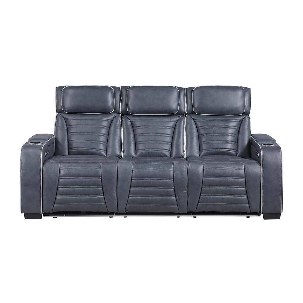 Bedos 84 in. W Pillow Top Arm Top Grain Leather Rectangle Power Double Reclining Sofa in Blue price history on PriceWatchPro