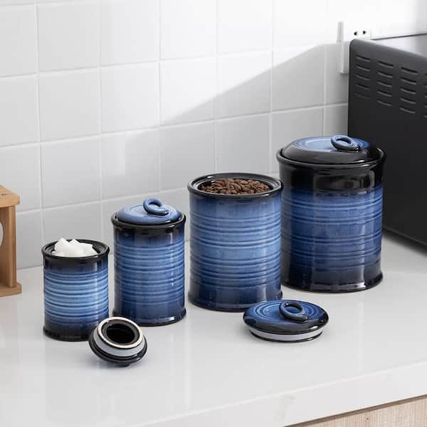 4-Piece Ceramic Decorative Canister Set with Airtight Lids, Blue and Black Kitchen Storage Jars