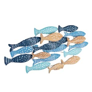 Hand-Stamped Metal Multicolor School of Fish Wood Wall Art