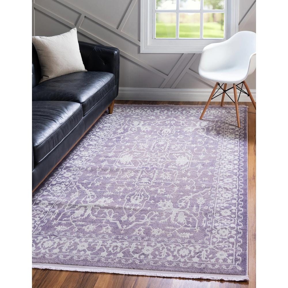 Purple and Ivory Abstract Synthetic Easy Care Rug, 4' x 6'