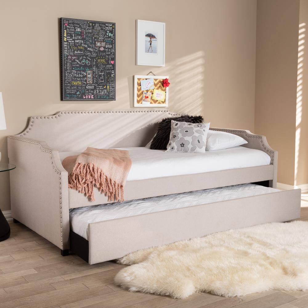 Beige Twin Upholstered Daybed with Nailhead Trim and Trundle