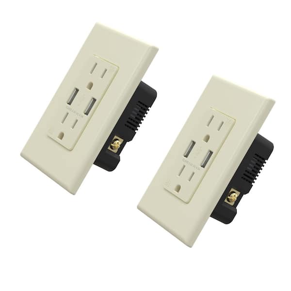 ELEGRP 4.0 Amp Dual USB Ports with Smart Chip, 15 Amp Duplex Tamper Resistant Outlet, Wall Plate Included, Almond (2-Pack)