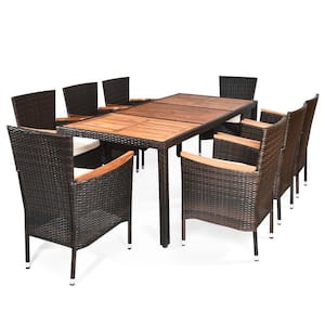 9-Piece Wicker Outdoor Dining Set Acacia Wood Table Top Umbrella Hole Chairs with Beige Cushions