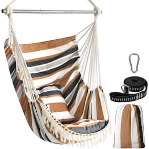 Hammock Chair Hanging Seat 2-Pillows Included, Durable Stainless Steel Spreader Bar Portable Hanging Chair, Brown