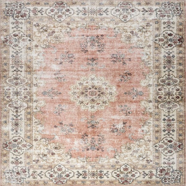 Rosette Medallion Spill Proof Washable Peach 2.6 ft. x 12 ft. Indoor Area Rug