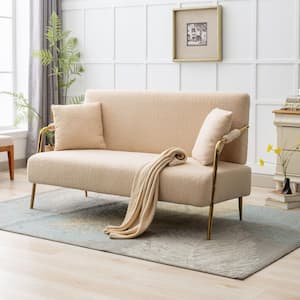 2 Seater Sofa Love Seat Couches Comfy Teddy Velvet Loveseat Sofa with 2 Pillows (Beige)