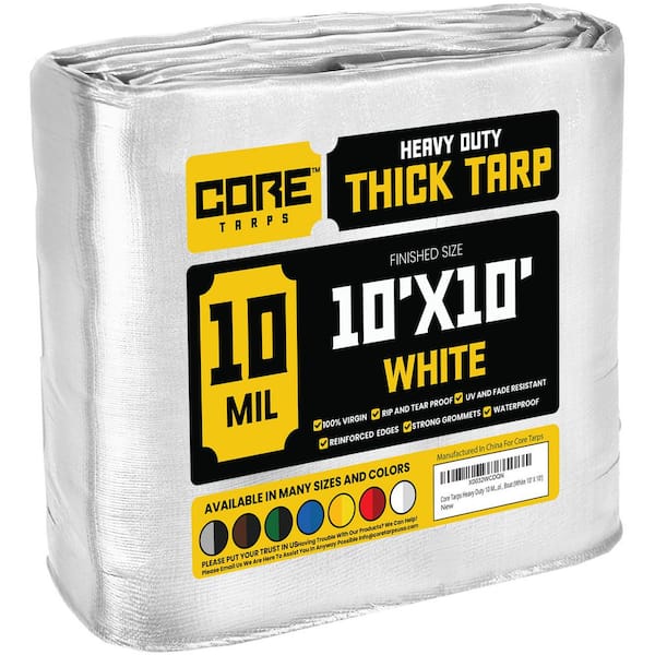 CORE TARPS 10 ft. x 10 ft. White 10 Mil Heavy Duty Polyethylene Tarp, Waterproof, UV Resistant, Rip and Tear Proof