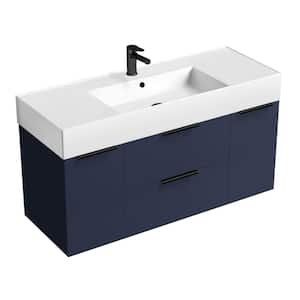 Derin 47.6 in. W x 18.1 in. D x 25.2 in. H Modern Bathroom Vanity in Night Blue With White Ceramic Top