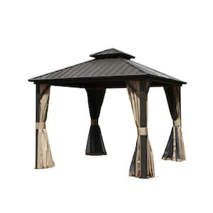 10 ft. x 10 ft. Outdoor Brown Aluminum Hardtop Gazebo with Galvanized Steel Double Roof with Curtains and Netting