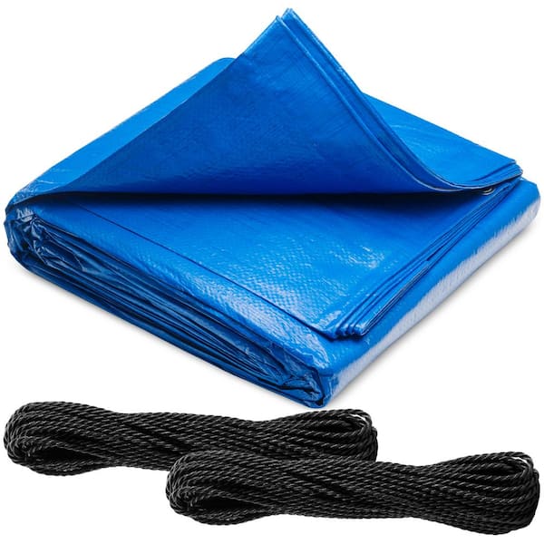 BOEN Heavy-Duty Blue Poly Self-Help Roofing Tarp kit 25 ft. x 20 ft. w/2 Parachute Cords, Fire Retardant, Reinforced Corners