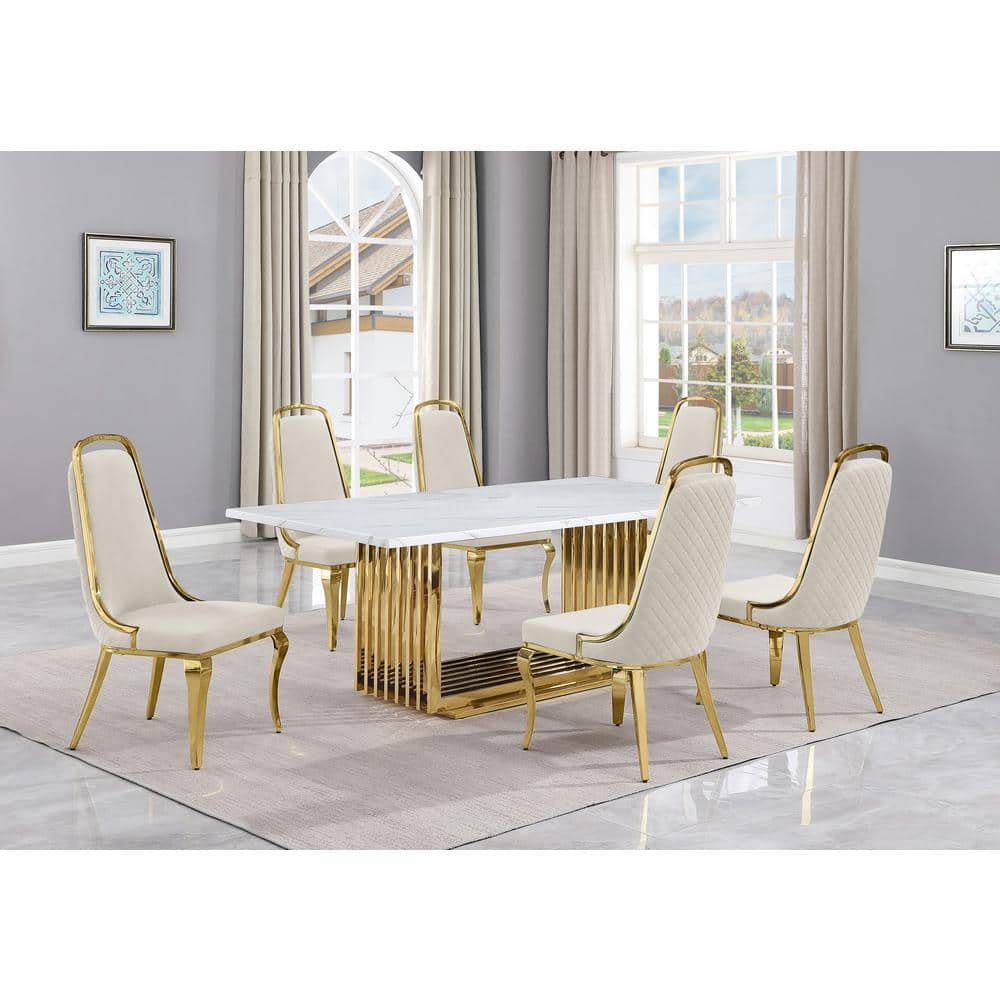 Best Quality Furniture Lisa 7Piece Rectangle White Marble Top Gold