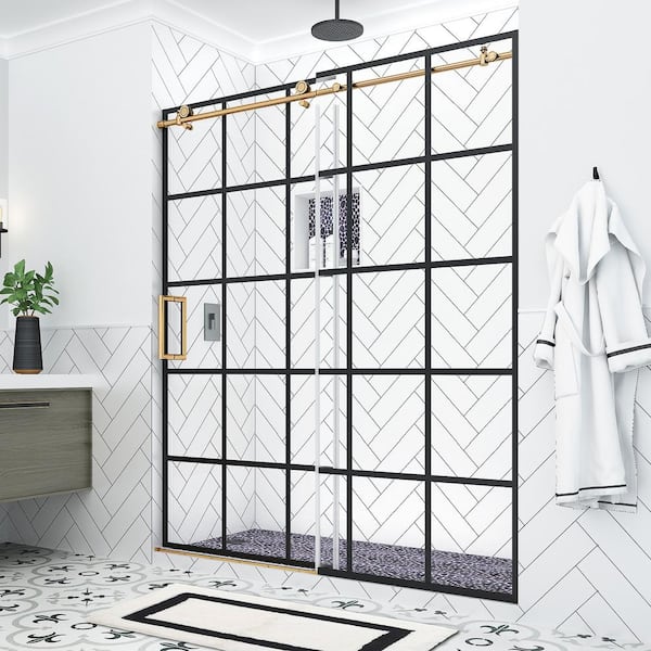 Aston Kamaya XL 64 - 68 in. W x 80 in. H Sliding Frameless Shower Door in Black and Brushed Gold Finish with Clear Glass, Left