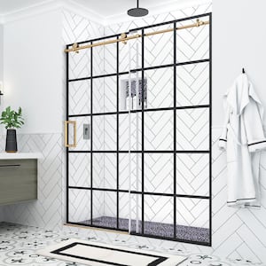 Kamaya XL 68 - 72 in. W x 80 in. H Sliding Frameless Shower Door in Black and Brushed Gold Finish with Clear Glass, Left