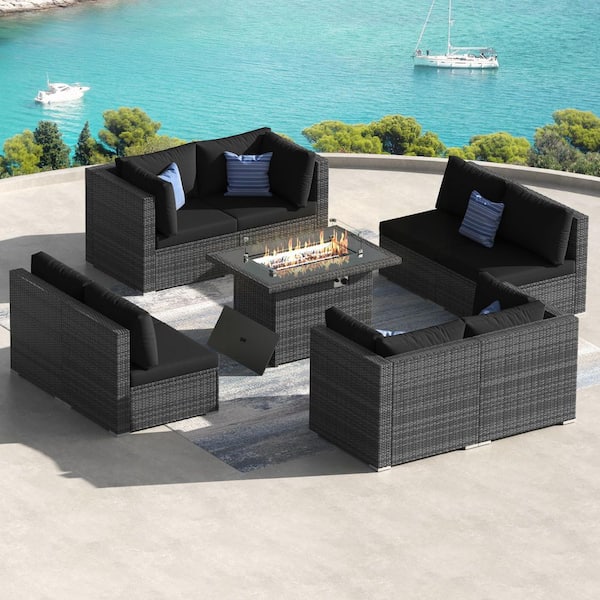 FINCATI Luxury 9-Piece Charcoal Wicker Patio Large Deep Seating Sectional Sofa Set with Fire Pit Table and Black Cushions