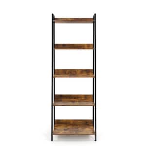 67 in. Rustic Oak Bookcase Shelf Organizer, 24 in. W 5 Tier Ladder Bookshelf for Home Office, Living Room and Kitchen