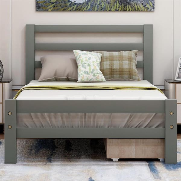 anpport Gray Wood Frame Twin Size Platform Bed with 2-Drawers