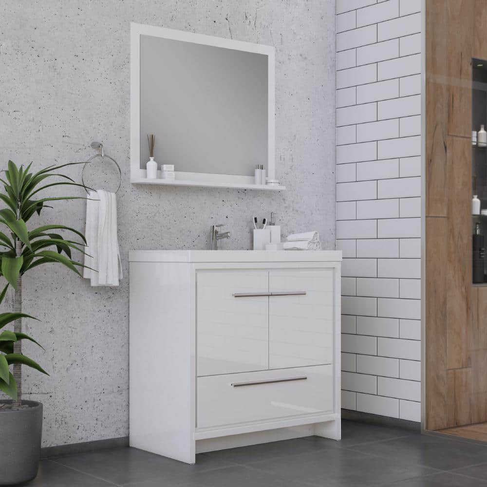 Alya 36" White MDF Freestanding Bathroom Vanity with Solid Surface Sink