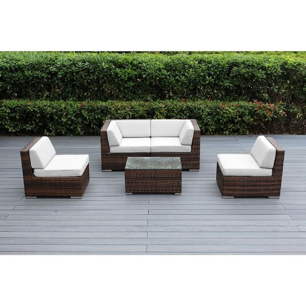 Ohana Depot Ohana Mixed Brown 5-Piece Wicker Patio Seating Set with Sunbrella Natural Cushions