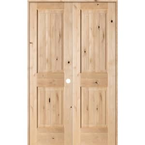 48 in. x 80 in. Rustic Knotty Alder 2-Panel Sq-Top w.VG Left Hand Solid Core Wood Double Prehung Interior French Door