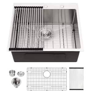 Laundry Utility Sink 25 in. Drop-In Single Bowl 16-Gauge Stainless Steel Kitchen Sink with Strainer