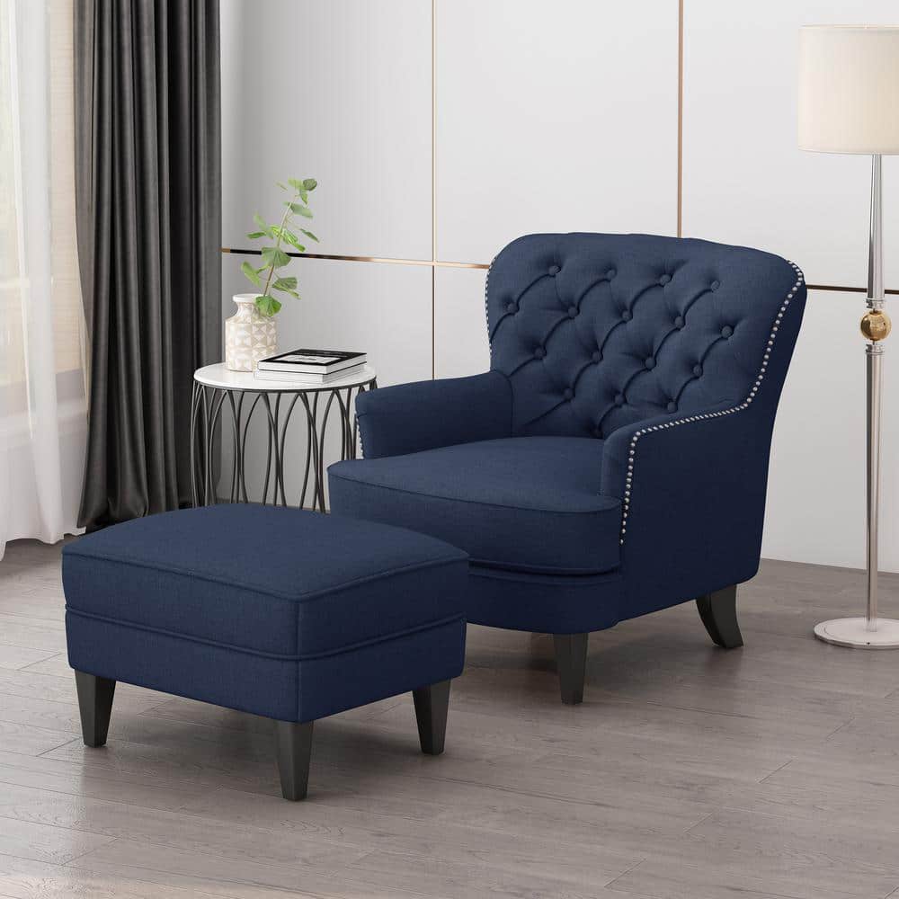 Dark Brown and Blue Handcrafted Wood Club Chair with Flared Arms