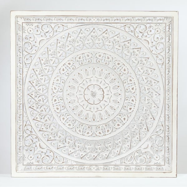 LuxenHome Square Decorative Carved Floral-Patterned MDF Wood Wall Art