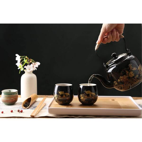 Hushee Japanese Tea Set In Gift Box | 1 Teapot, 6 Cups & Tray | Black Porcelain With Stainless Infuser