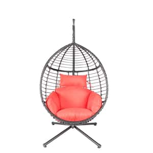 Wicker Patio Swing Egg Chair with Stand and Red Cushion