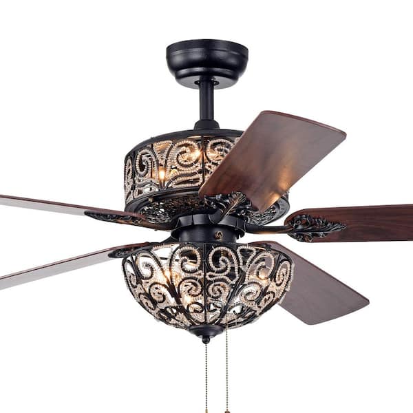 Warehouse of Tiffany Tisaphon 52 in. Indoor Black Finish Pull Chain Ceiling Fan with Light Kit