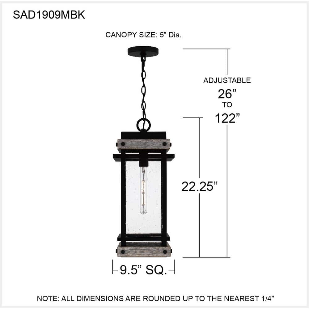 Matte Black Glass and Wood Outdoor Hanging Lantern
