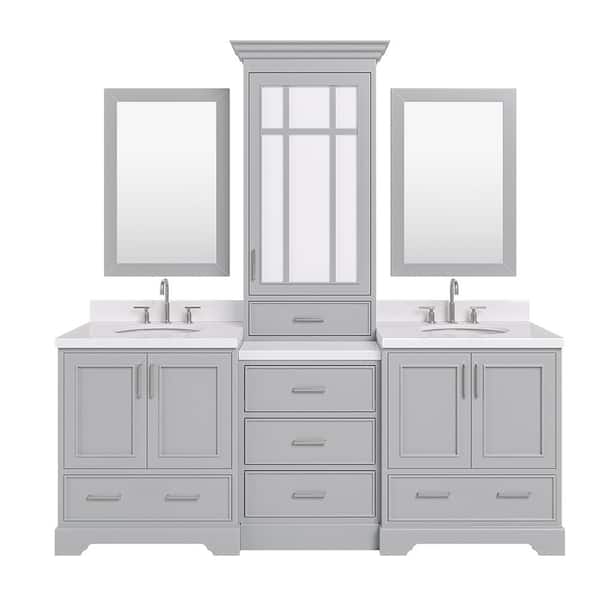 Stafford 84 in. W x 22 in. D x 89 in. H Double Sink Freestanding Bath Vanity in Gray with Carrara White Quartz Top