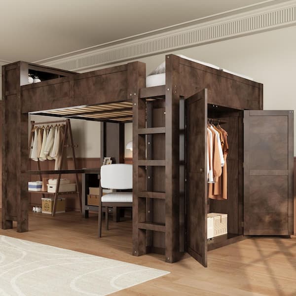 Brown Queen Wood Loft Bed with Wardrobe and Desk,storage and USB