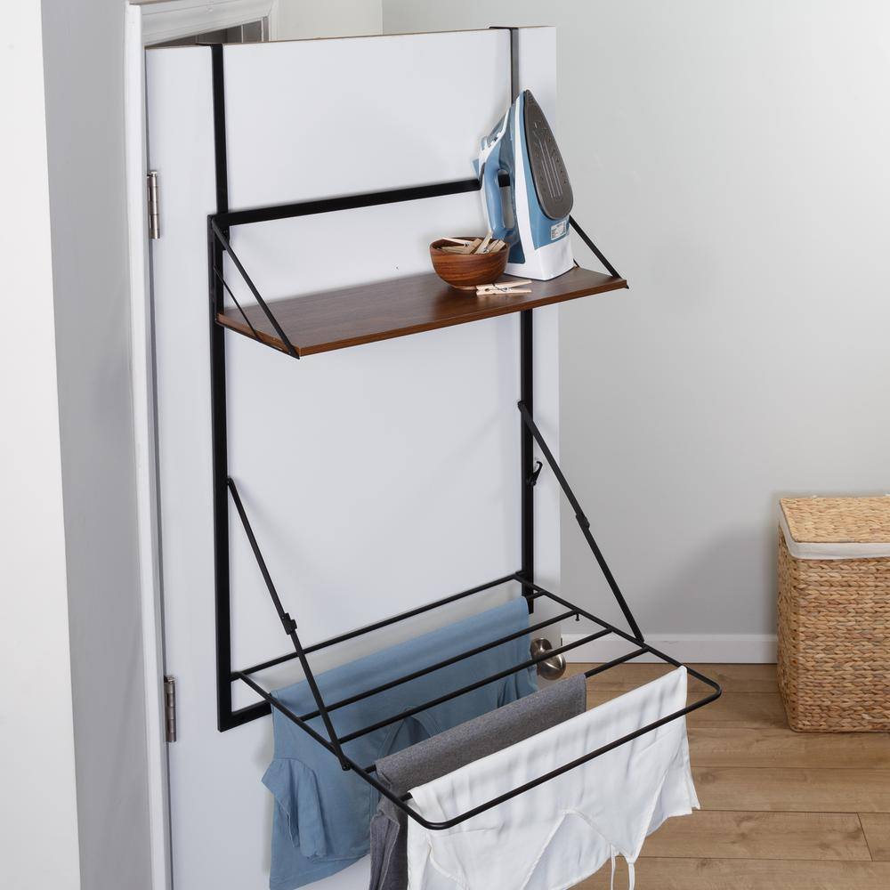 Black and Walnut Wall-Mounted Drying Rack with Shelf