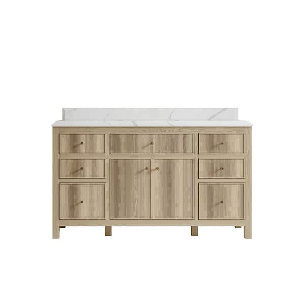 Willow Collections Sonoma Oak 60 in. W x 22 in. D x 36 in. H Single Sink Bath Vanity in White Oak with 1.5 in. Calacatta Quartz Top