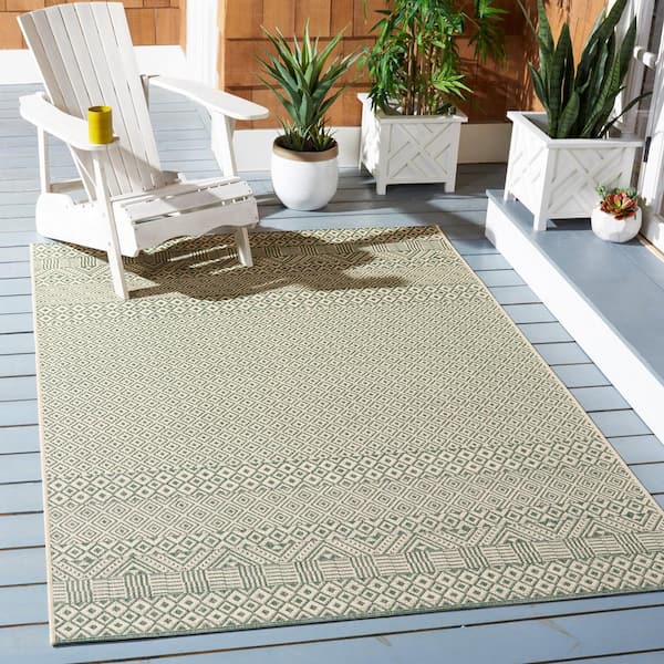 Courtyard Dark Green/Beige Doormat 2 ft. x 4 ft. Tribal Striped Diamonds Indoor/Outdoor Area Rug