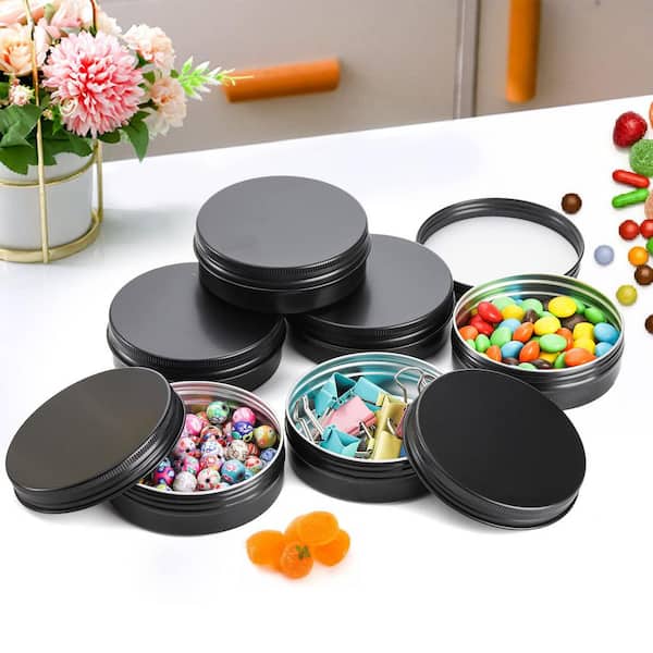 48-Pack 2 oz. Round Lip Balm Tin Cans, Aluminum Empty Storage Tins with Screw Lid, Cosmetic Sample Travel Jars, Black