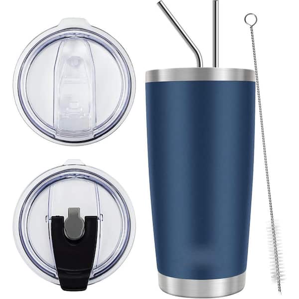 20oz Double-Wall Vacuum Insulated Tumbler with 2 Lids and 2 Straws, Navy Blue Stainless Steel Travel Mug