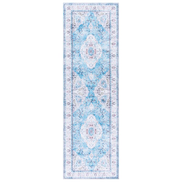 Martha Stewart Washable Turquoise/Beige 3 ft. x 8 ft. Machine Washable Medallion Border Runner Rug