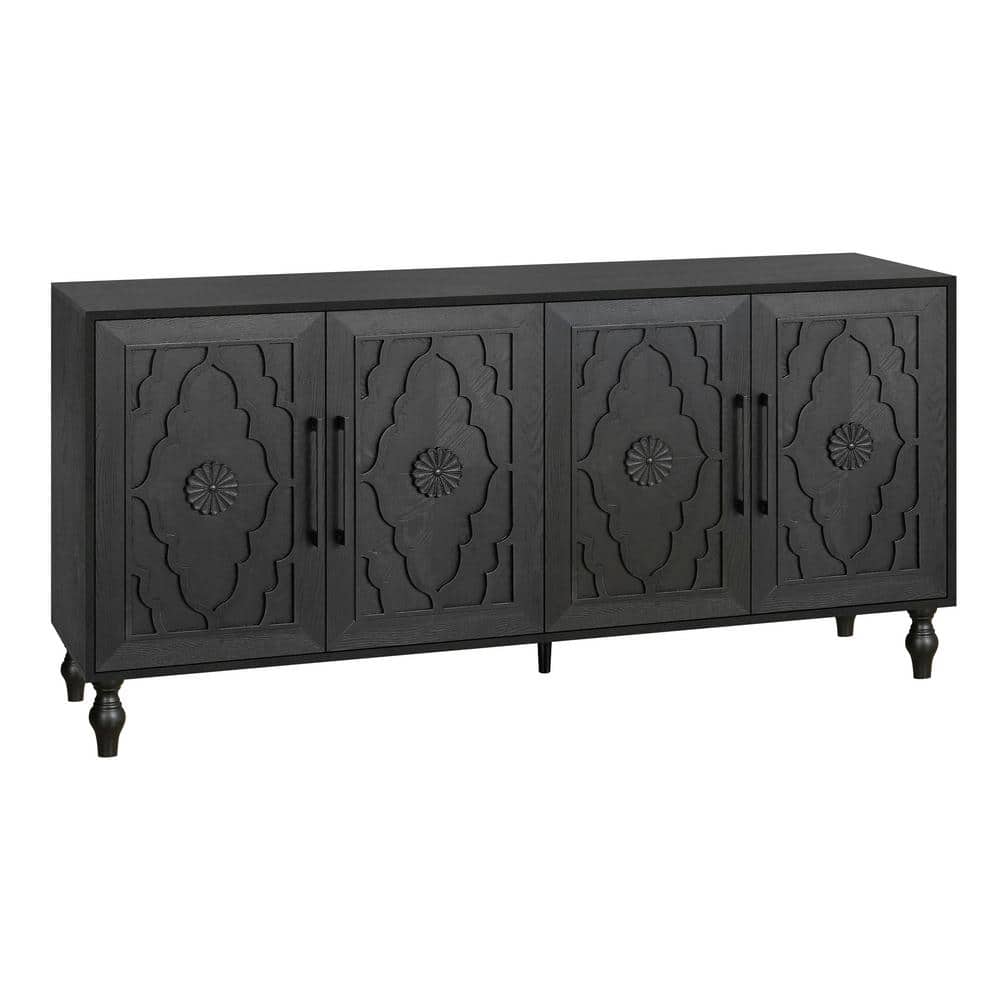 Black 63" MDF Sideboard with Carved Flower Doors and Metal Handles